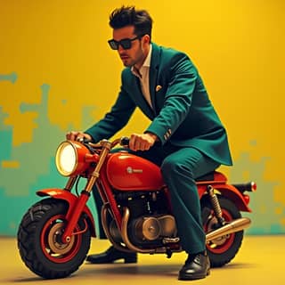 in a suit and sunglasses riding on a motorcycle