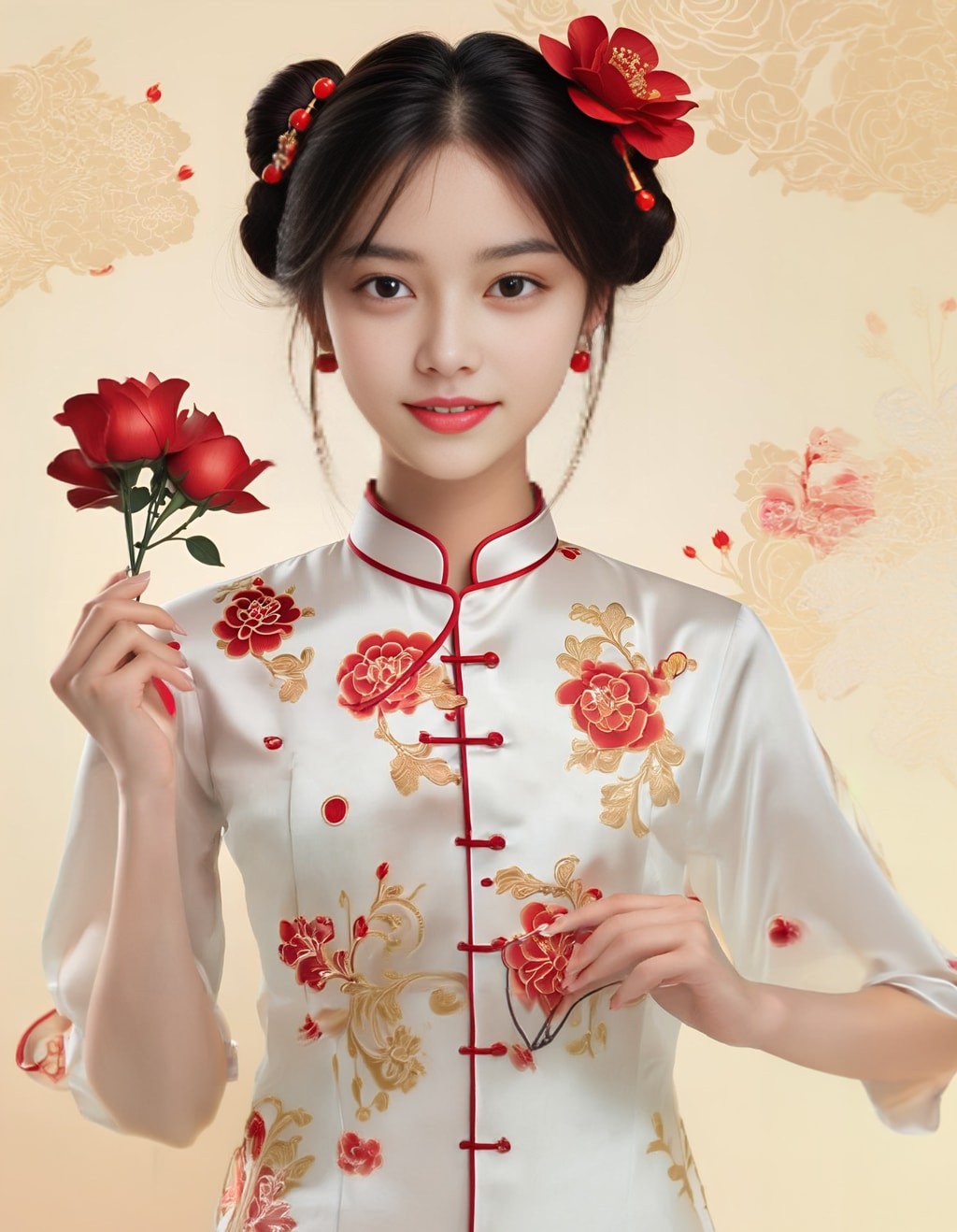 in a traditional chinese dress holding a red rose