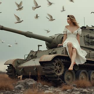 in a white dress sitting on top of a tank