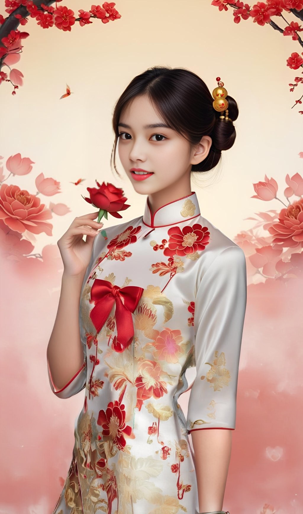 woman in a chinese dress holding a red rose