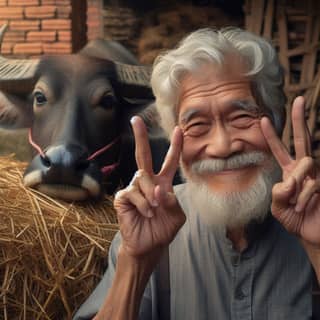 an old man is making a peace sign with his hands