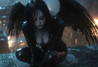 a dark angel with black wings sitting on the edge of a city