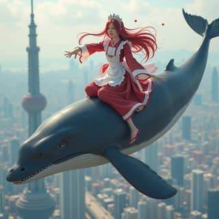 in red riding on top of a whale