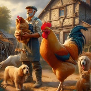 with a rooster and dogs in front of a house