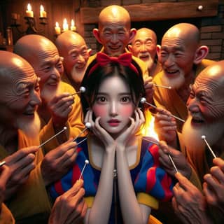 in a snow white costume surrounded by a group of men