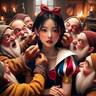 with snow white hair surrounded by dwarfs