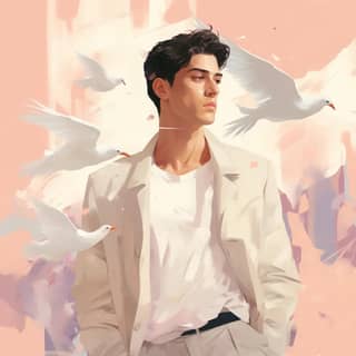 in a white jacket and white shirt with pigeons flying around him