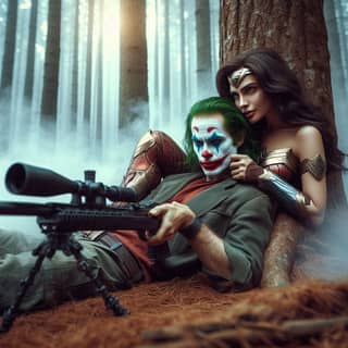 Vestida como Wonder Woman y el Joker.