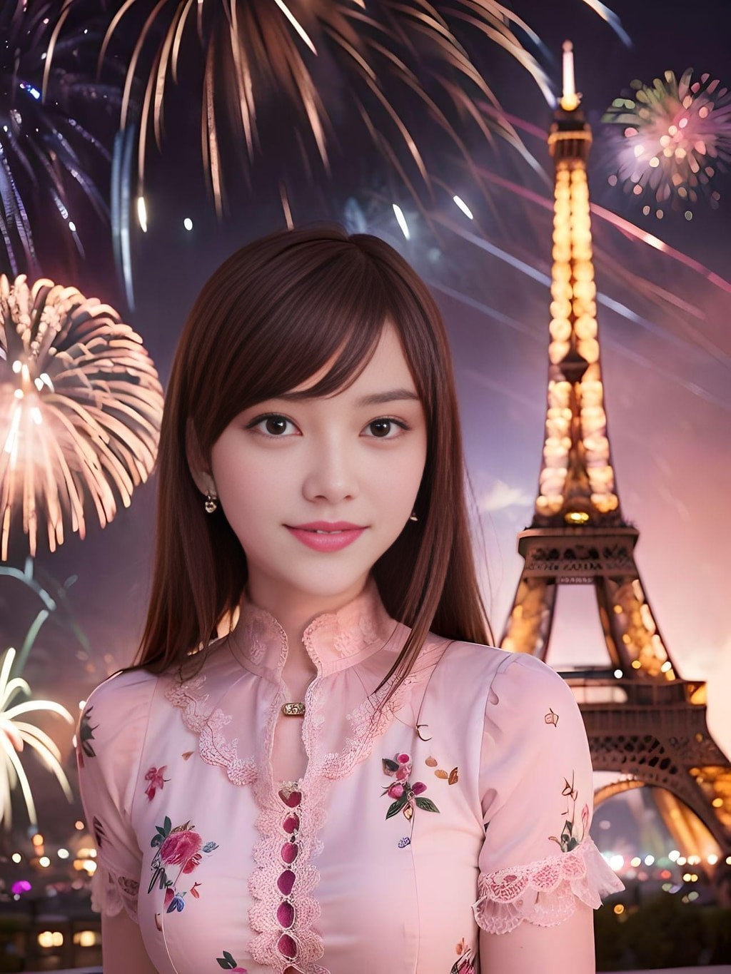 in front of the eiffel tower with fireworks in the background