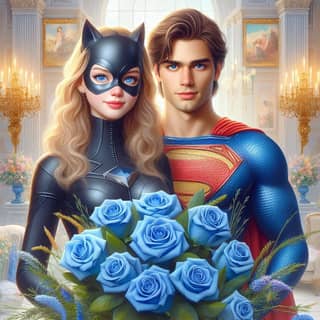 Superman e Batman estão segurando rosas em uma sala.