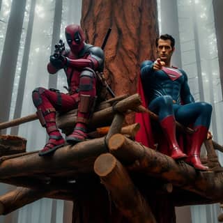 superman and deadpool in the forest