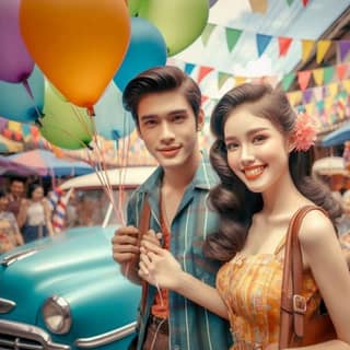 Un couple pose avec des ballons devant une voiture.