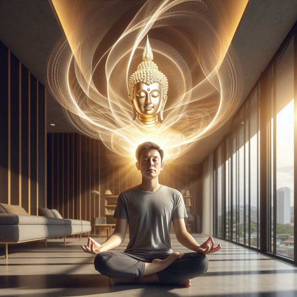 Buddha heykelinin bulunduğu bir odada meditasyon yapmak.