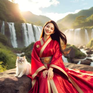 赤い着物を着た人が猫と一緒に滝の前に立っています。
