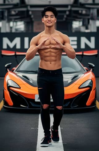 a shirtless man posing in front of a mclaren