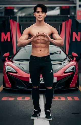 a shirtless man posing in front of a red sports car