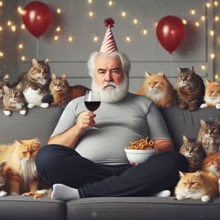 an old man with cats on a couch