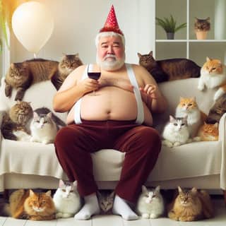 Santa gemuk dikelilingi oleh kucing.