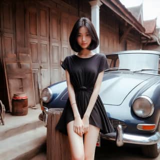 in a black dress posing next to a classic car