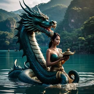 坐在水中的龙上。