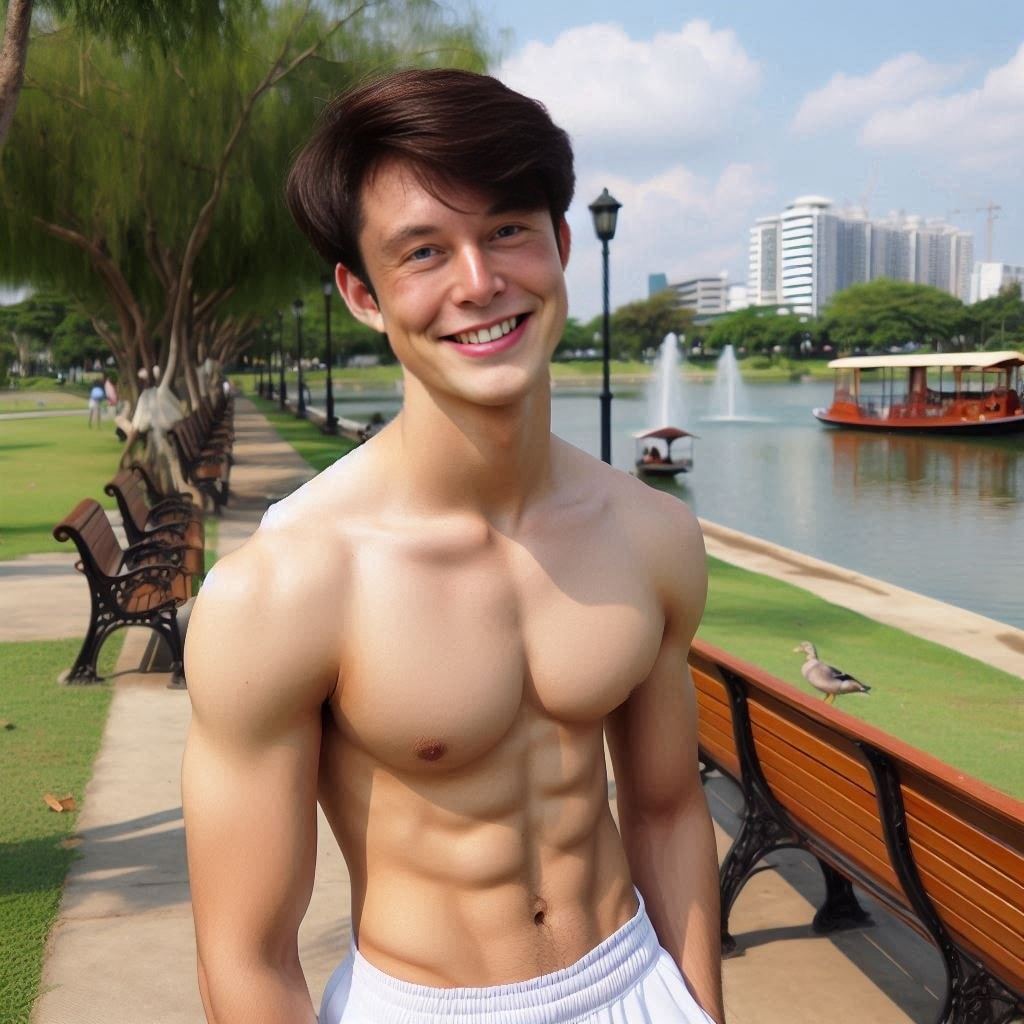 a shirtless man standing in front of a park