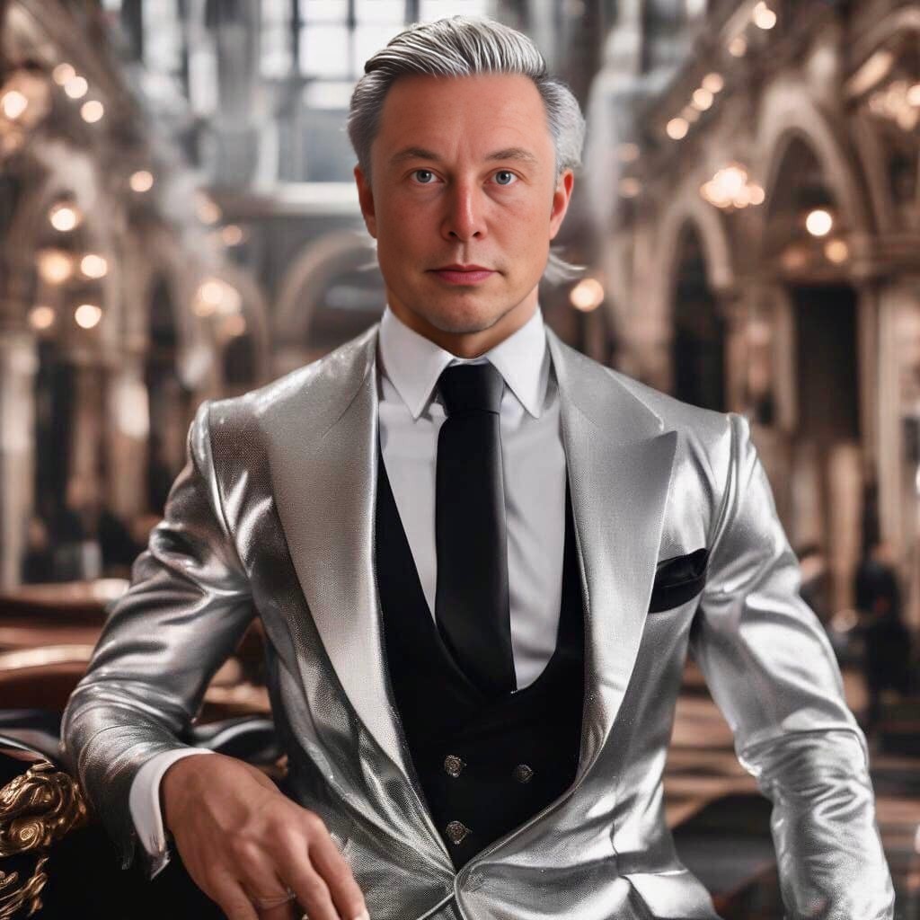 in a silver suit sitting on a chair