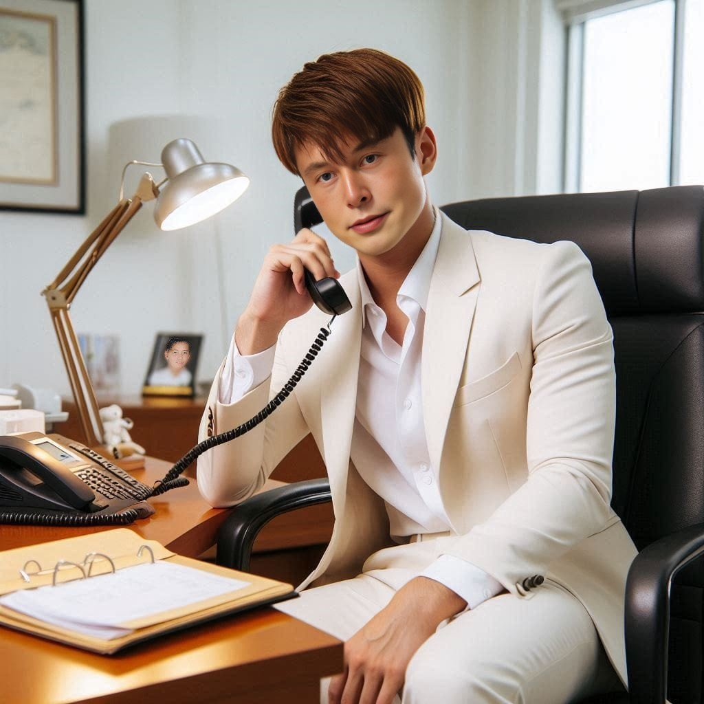 in a white suit sitting at a desk talking on the phone