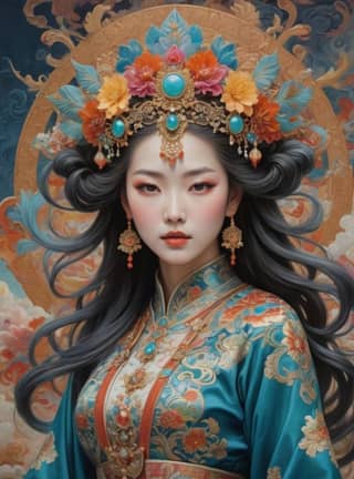 in an oriental dress with long hair