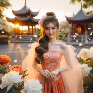 asian girl in an orange dress