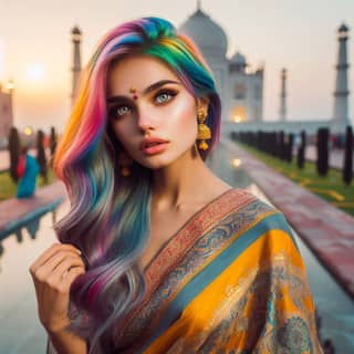 beautiful woman with colorful hair in front of taj mahal