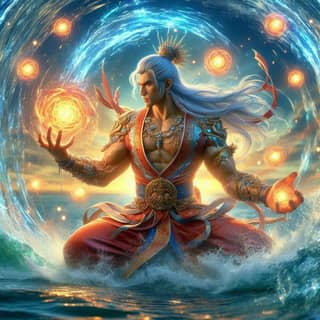 the chinese god of water, holding a ball of light