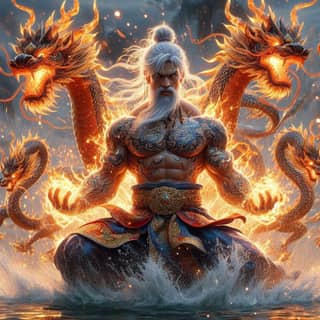 the dragon god is sitting on the water with fire coming out of his mouth