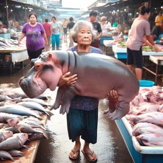 an elderly woman holding a hippo in a market