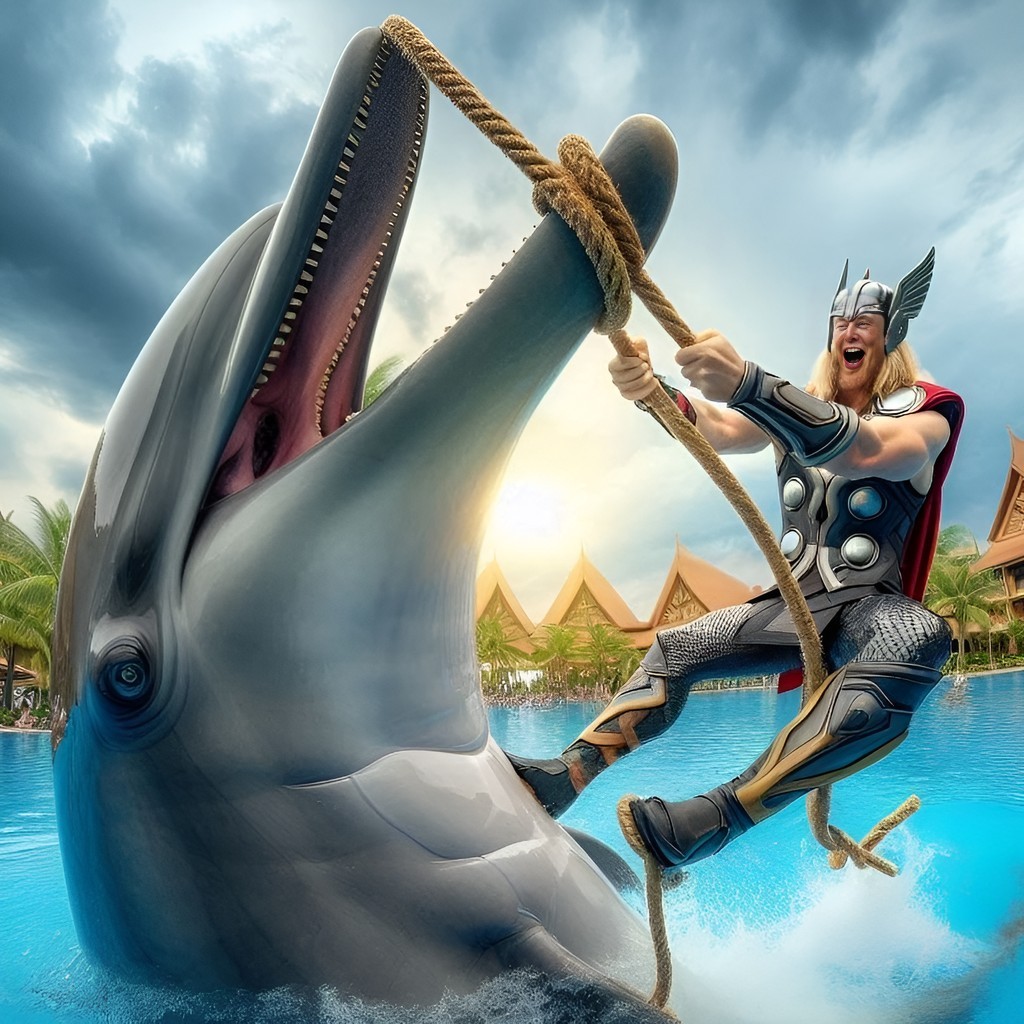 in a costume riding a dolphin