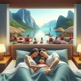 a couple is sleeping in a bed with a view of the ocean