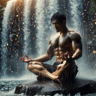 doing yoga in front of a waterfall