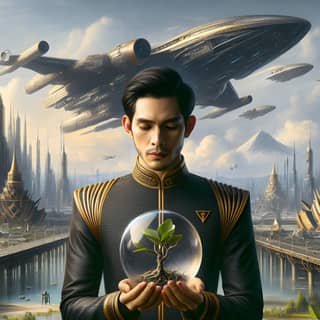  holding a plant in front of a spaceship.