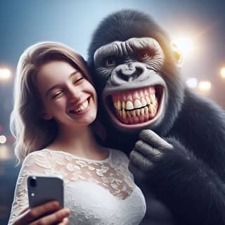 is holding a phone while a gorilla is smiling