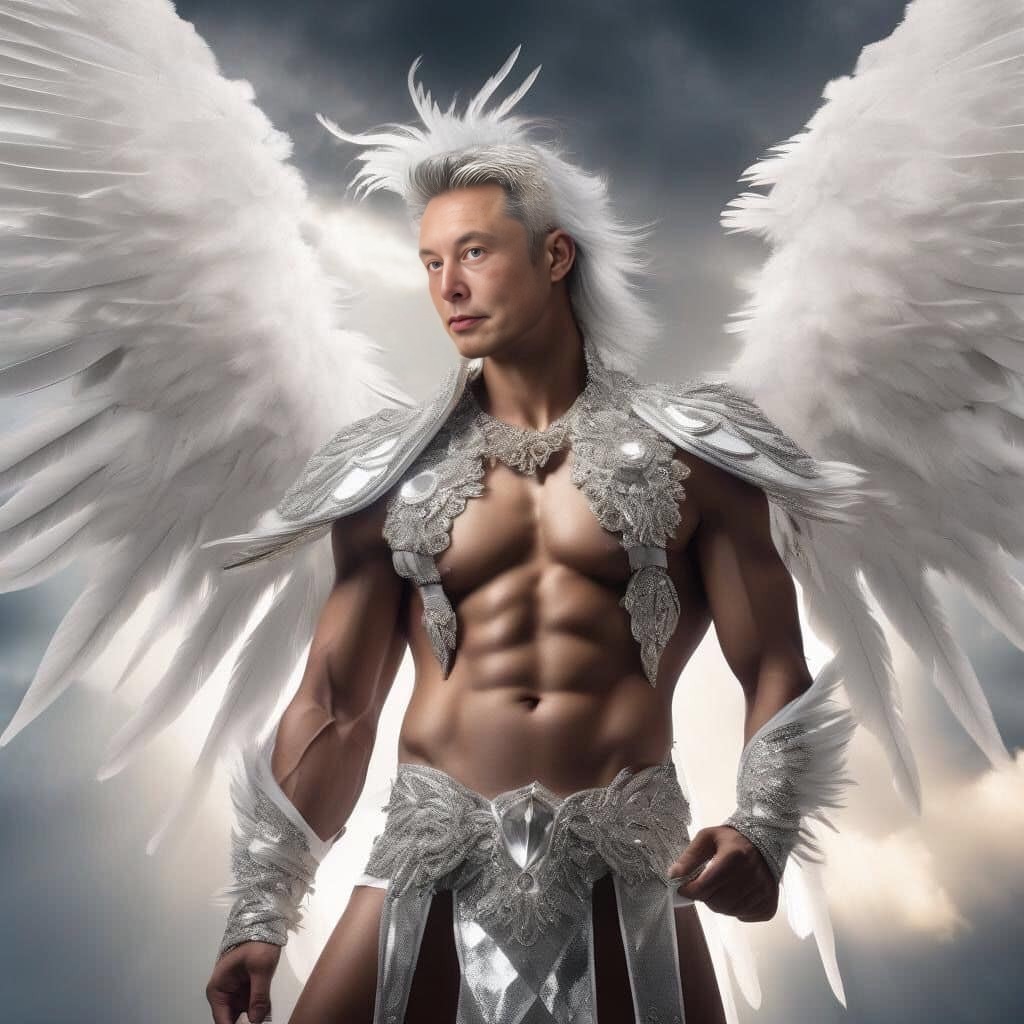 a male angel with white wings and a silver body