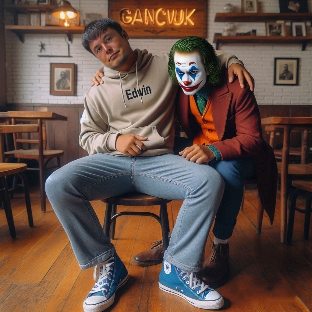 two men posing for a photo in a joker costume