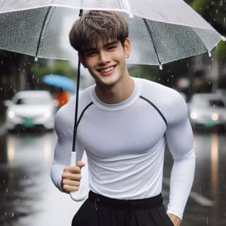 in a white shirt and black pants holding an umbrella