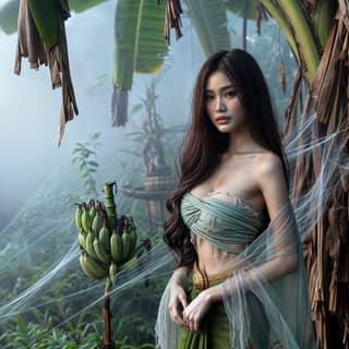 woman in a green dress standing in front of a banana tree