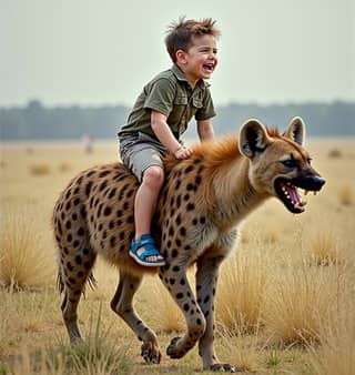 a boy riding on a hyena in the wild