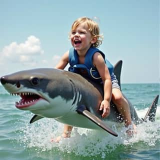 boy riding on a shark in the ocean