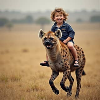 a little boy is riding on a hyena in the wild