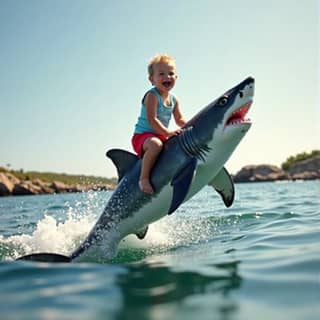 a little boy riding on a shark toy