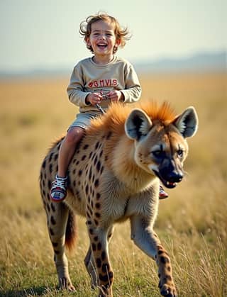 a little girl is riding on a hyena in the wild