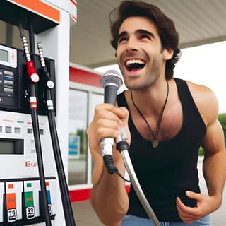 singing into a microphone at a gas station