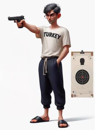 in a turkish t - shirt pointing a gun at a target