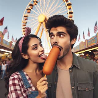 Un couple déguste des hot-dogs à un carnaval.